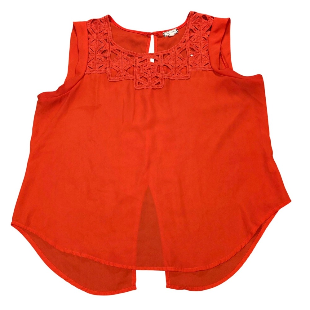 Eyeshadow Sleeveless Blouse Women's Size L Orange Crochet Lace Yoke Split Back